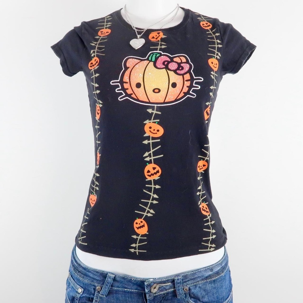 hello kitty sanrio halloween t shirt y2k pumpkin black graphic tee size l
